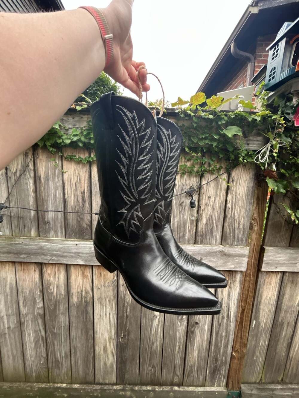 Nocona Black Leather Western Cowboy Boots with White Stitching Mens 10E